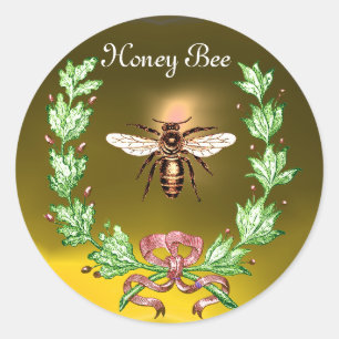 HONINGBIJ, KRAANS MET EIKENBLADEREN EN RODE LINT RONDE STICKER