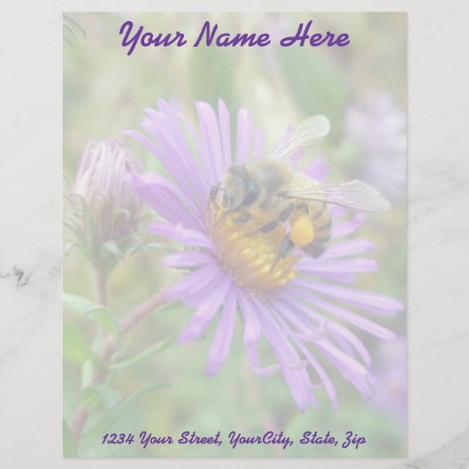 Honingbij op Herfst Asters Wildflower Letterhead. Gepersonaliseerd Briefhoofd (Voorkant)
