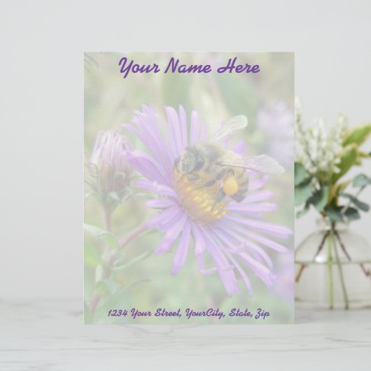 Honingbij op Herfst Asters Wildflower Letterhead. Gepersonaliseerd Briefhoofd (Staand voorkant)