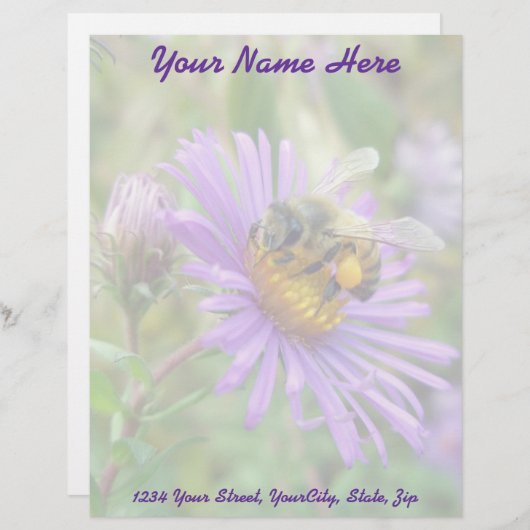 Honingbij op Herfst Asters Wildflower Letterhead. Gepersonaliseerd Briefhoofd (Voorkant / Achterkant)