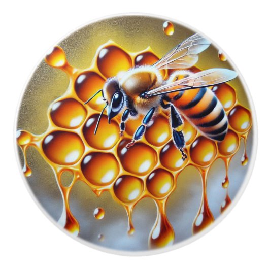Honingbij op honingraat met druipende gouden honin keramische knop (Voorkant)