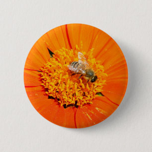 honingbij op oranje bloemknoop ronde button 5,7 cm