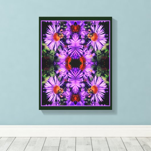 Honingbij op Paarse asterbloem Abstract Canvas Afdruk (Insitu (Houten vloer))