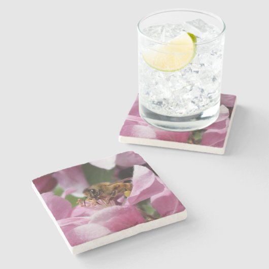 Honingbij Polineren Roze Krabappel Bloem Stenen Onderzetter (Zijkant)