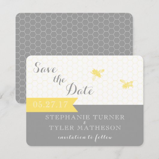 Honingbij Save the Date Kaart- Grijs en Geel (Voorkant / Achterkant)