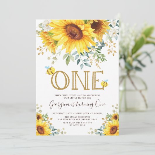 Honingbij Zonnebloem 1e Verjaardag Zomer Bloemen Kaart (Staand voorkant)