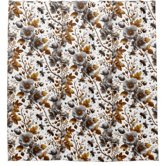 Honingbijen bloemblaadjes en bladeren patroon dood douchegordijn (Voorkant)