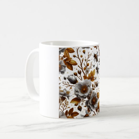 Honingbijen bloemblaadjes en bladeren patroon dood koffiemok (Voorkant links)