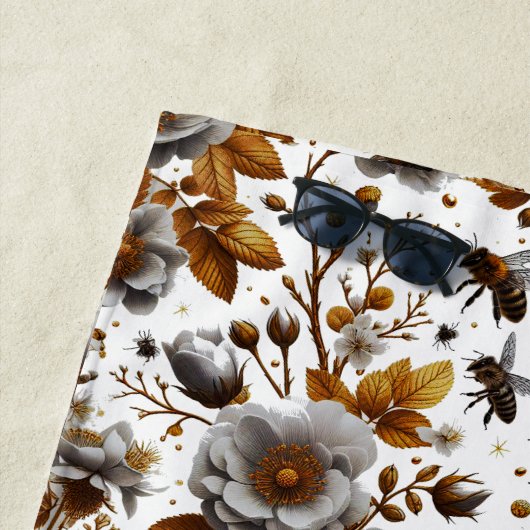 Honingbijen bloemblaadjes en bladeren patroon dood strandlaken (In situ)
