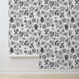 Honingbijen & Bloemen Boho Modern Zwart en Wit Behang