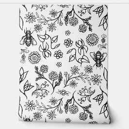 Honingbijen & Bloemen Boho Modern Zwart en Wit Behang