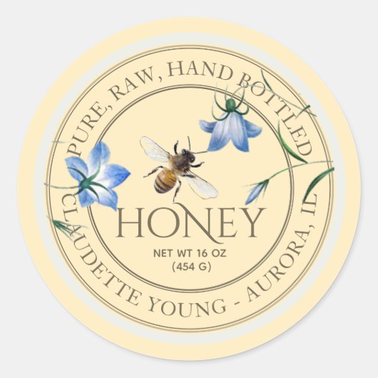 Honingbijen en Blauwe Bloemen Honinggeel Bleek Eti Ronde Sticker (Voorkant)