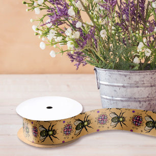 Honingbijen en bloemen Beige Natural Rustial Flora Satijnen Lint