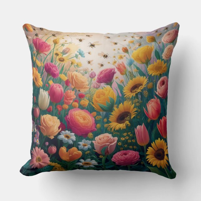 Honingbijen en Bloemen Kussen (Voorkant)