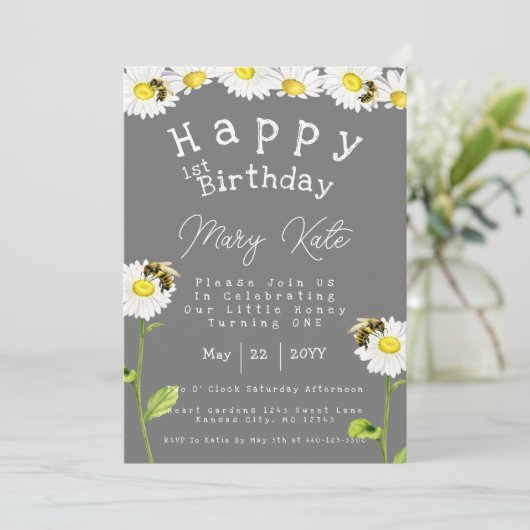 Honingbijen en Daisies 1e verjaardag uitnodiging (Staand voorkant)