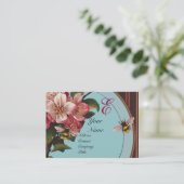 HONINGBIJEN EN WILDE ROZEN IN SKY BLUE MONOGRAM VISITEKAARTJE (Staand voorkant)