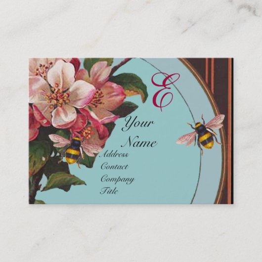 HONINGBIJEN EN WILDE ROZEN IN SKY BLUE MONOGRAM VISITEKAARTJE (Voorkant)