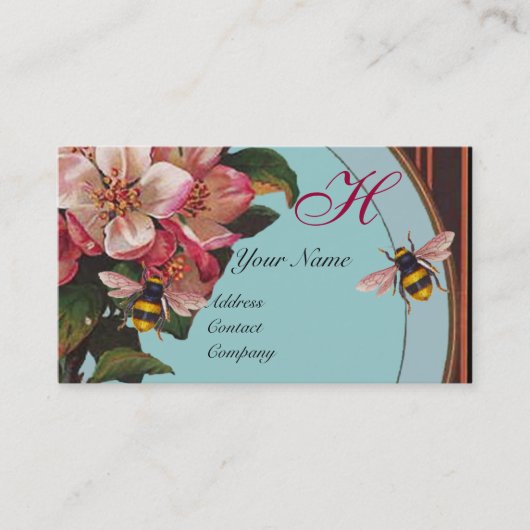 HONINGBIJEN EN WILDE ROZEN IN SKY BLUE MONOGRAM VISITEKAARTJE (Voorkant)