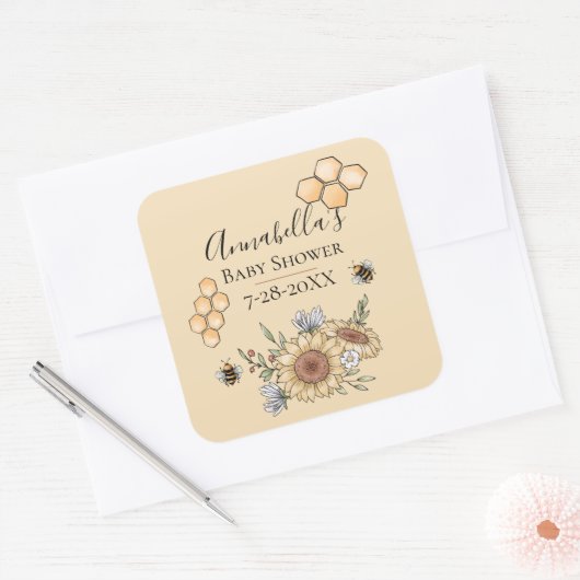Honingbijen en zonnebloemen vierkante sticker (Envelop)