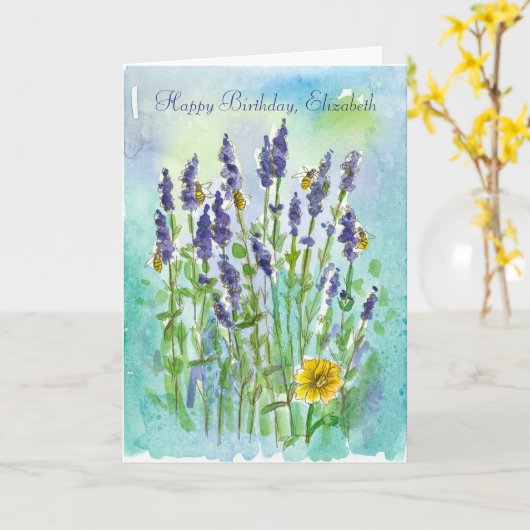 Honingbijen Lavendel gepersonaliseerde Happy Birth Kaart (Gele Bloem)