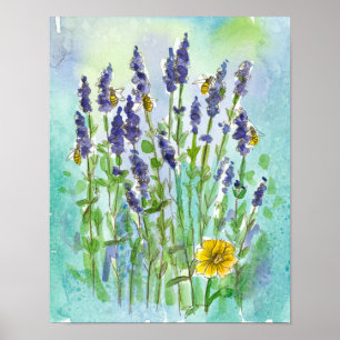 Honingbijen Lavender Herb Waterverf Flowers Poster