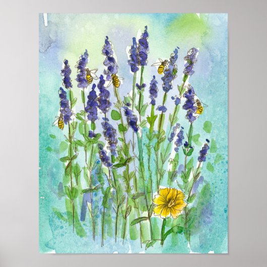 Honingbijen Lavender Herb Waterverf Flowers Poster (Voorkant)