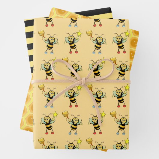 Honingbijen met hart- en honingraatpatroon inpakpapier vel (In situ)