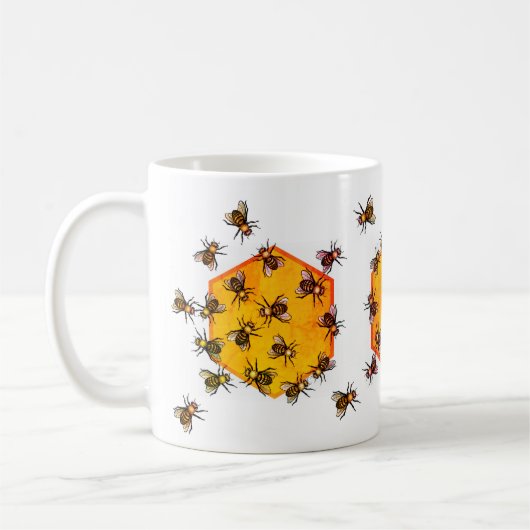 Honingbijen met oranje gele zeshoek tekenkunst koffiemok (Links)