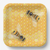 Honingbijen op een helder honingraatpatroon papieren bordje (Voorkant)