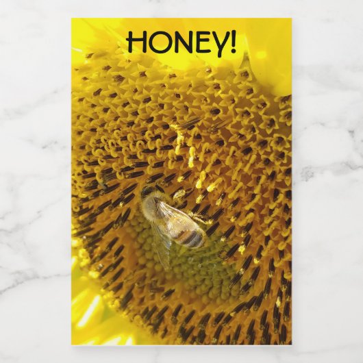 Honingbijen op een zonnebloem voedselcontainer etiket (Enkel label)