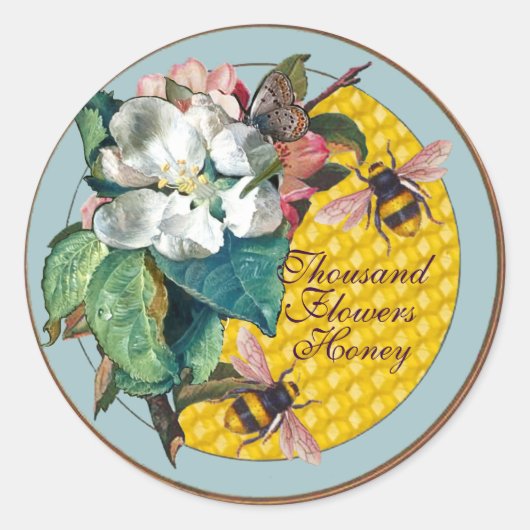HONINGBIJEN, VLINDER, WITTE BLOEM EN WILDE ROZEN RONDE STICKER (Voorkant)