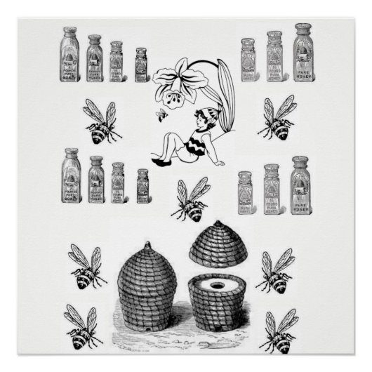 honingbijen wit zwart poster (Voorkant)