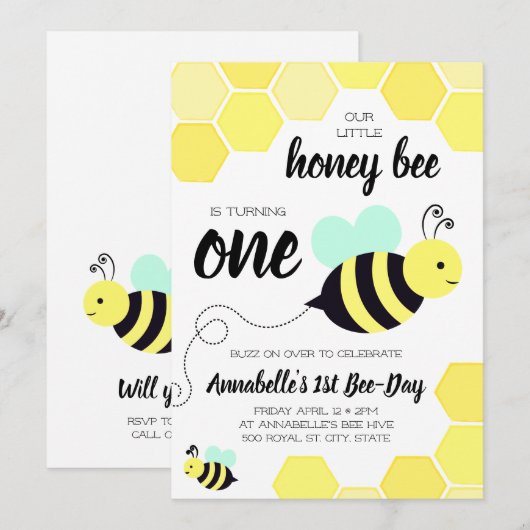 Honingbijengeel en Mint First Birthday Kaart (Voorkant / Achterkant)