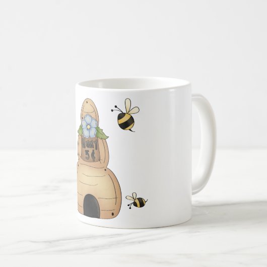 Honingbijenkorf met blauwe bloemen en bijen koffiemok (Voorkant rechts)