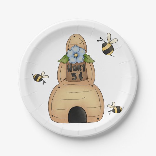 Honingbijenkorf met blauwe bloemen en bijen papieren bordje (Voorkant)