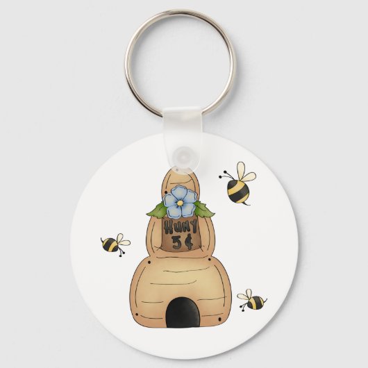 Honingbijenkorf met blauwe bloemen en bijen sleutelhanger (Voorkant)