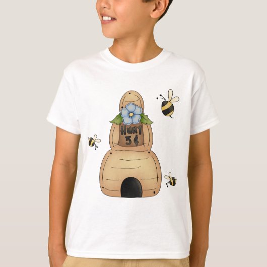 Honingbijenkorf met blauwe bloemen en bijen t-shirt (Voorkant)