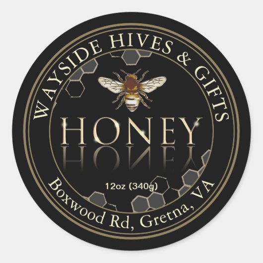 Honingetiket Bijen honingraat op zwart met rand Ronde Sticker (Voorkant)
