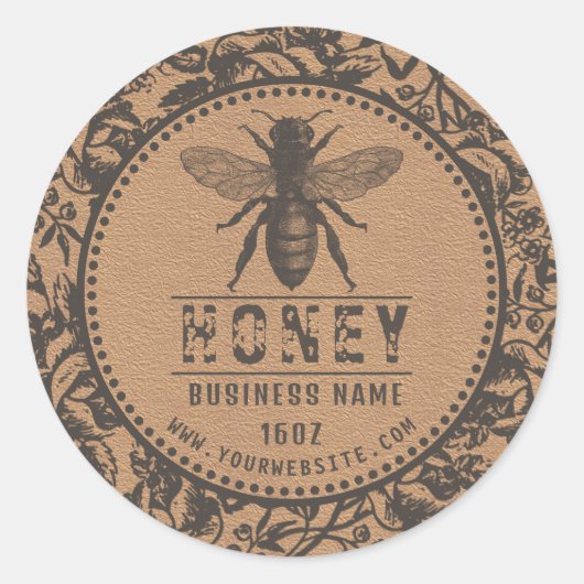 Honingetiket kraft | Bloemen en bijen Ronde Sticker (Voorkant)