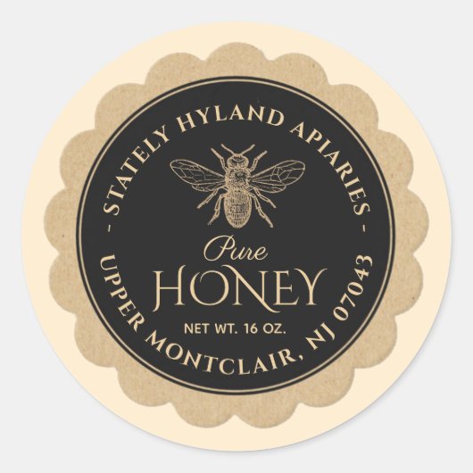 Honingetiket Kraft Scallop Border Bee Black Ronde Sticker (Voorkant)