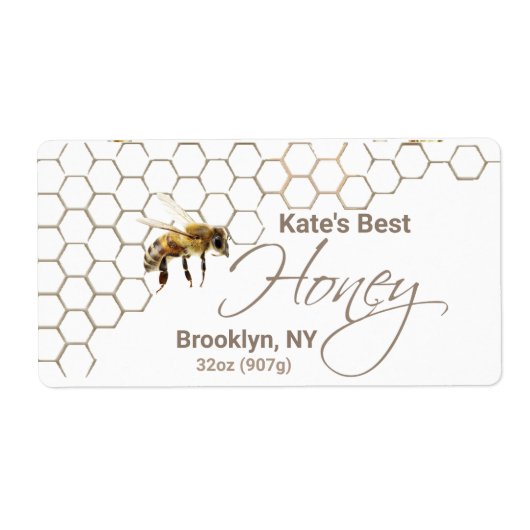 Honingetiket met Honingraat, druppel en bijen Etiket (Voorkant)