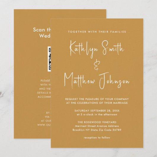 Honinggoud QR-code in één modern huwelijk Kaart (Voorkant / Achterkant)