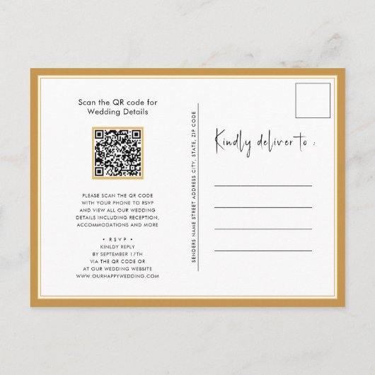 Honinggoud QR-code in één modern huwelijk Uitnodiging Briefkaart (Achterkant)