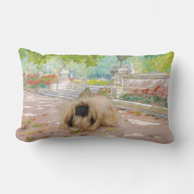 Honingkleurige Pekingees in Bloemstuk Kussen (Voorkant)