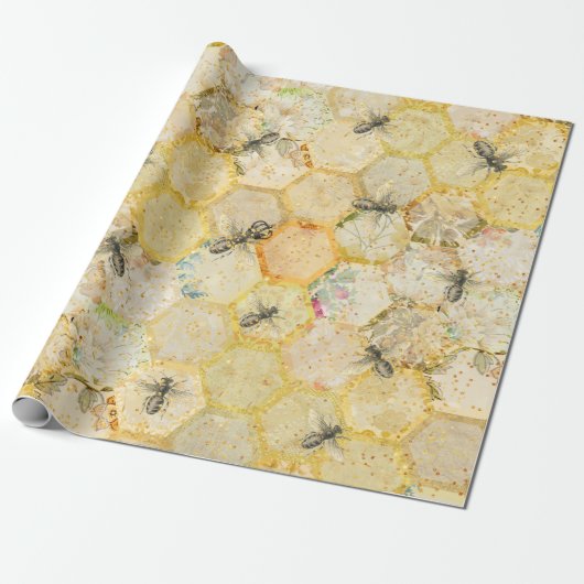 Honingkoningin Bee Floral Honeycomb Gold Cadeaupapier (Uitgerold)