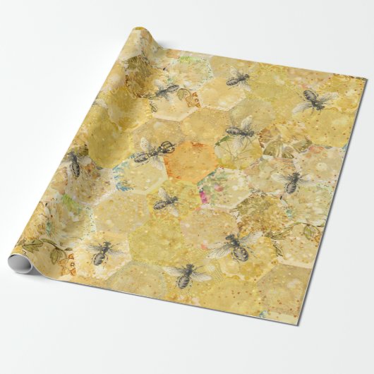 Honingkoningin Bee Floral Honeycomb Gold Cadeaupapier (Uitgerold)