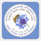 Honinglabel Blauwe Bloem Bij en Blauwe Tekst Rand Vierkante Sticker (Voorkant)
