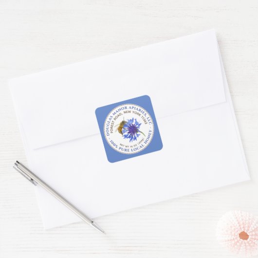 Honinglabel Blauwe Bloem Bij en Blauwe Tekst Rand Vierkante Sticker (Envelop)