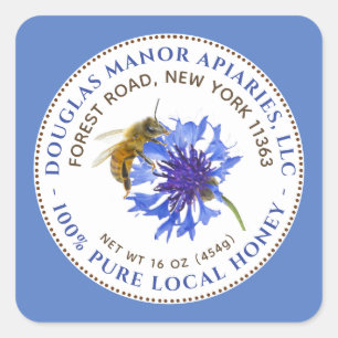 Honinglabel Blauwe Bloem Bij en Blauwe Tekst Rand Vierkante Sticker