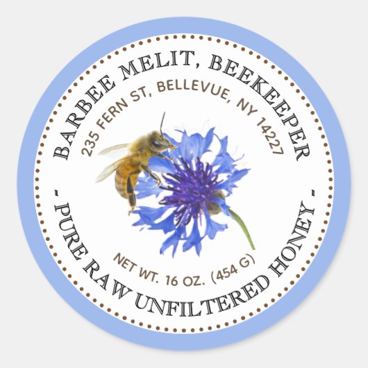 Honinglabel Blauwe Bloem Bij met Blauwe Rand Ronde Sticker (Voorkant)